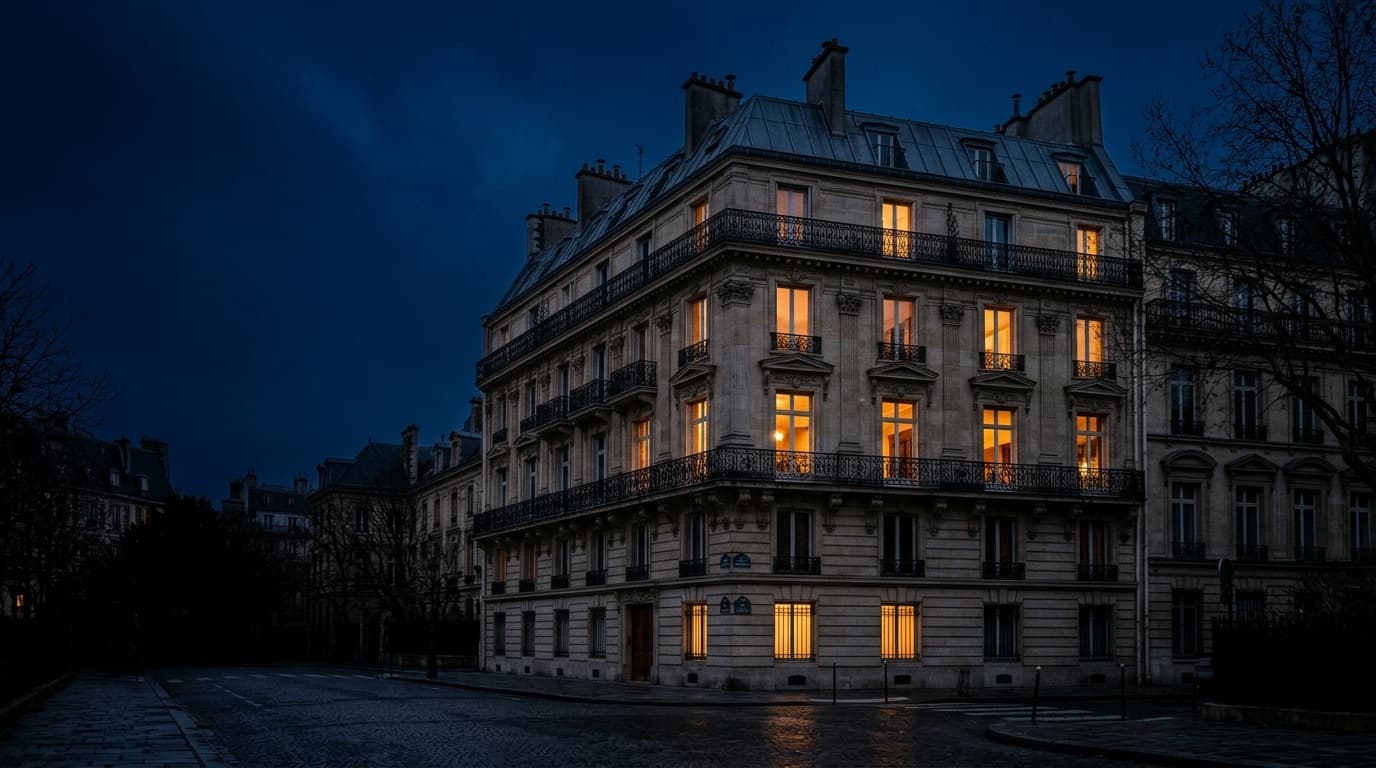 Immeuble parisien à la tombée de la nuit