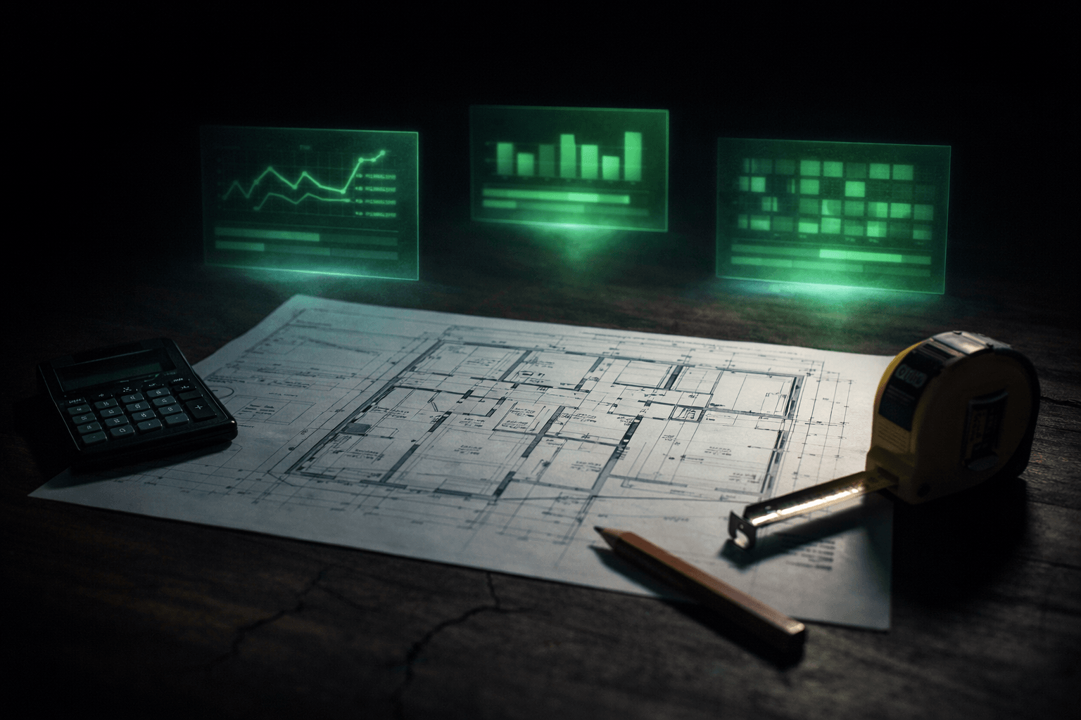 Plan d'architecte avec hologrammes de prix au mètre carré projetés sur un bien