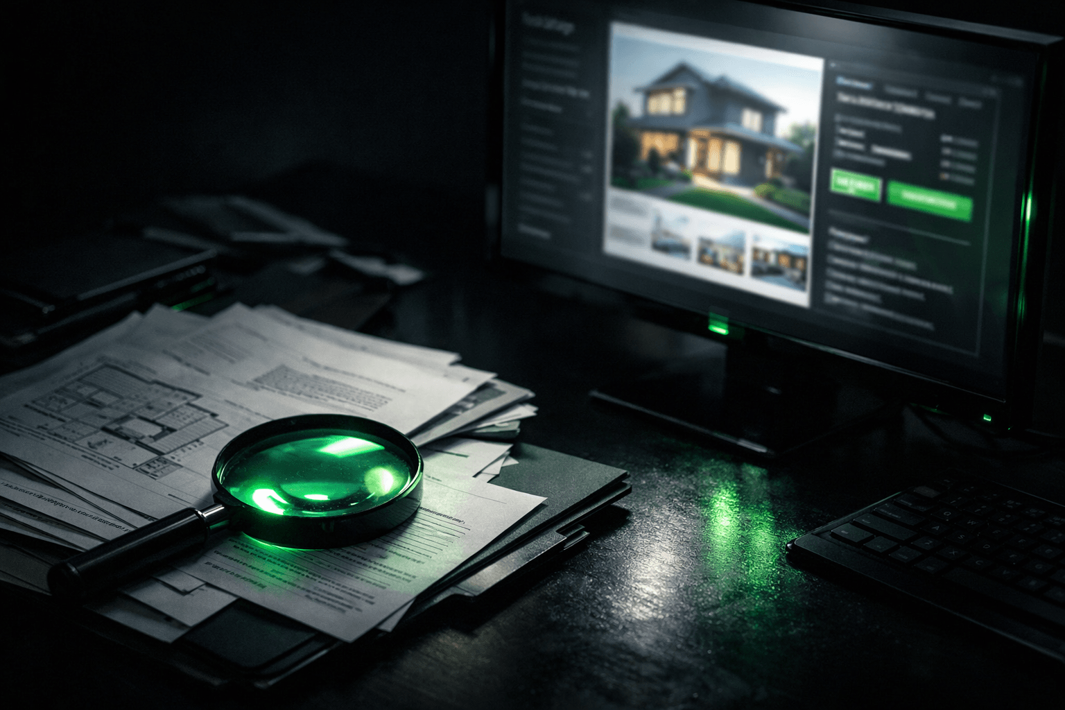 Loupe d'analyse sur une annonce immobilière avec données numériques superposées